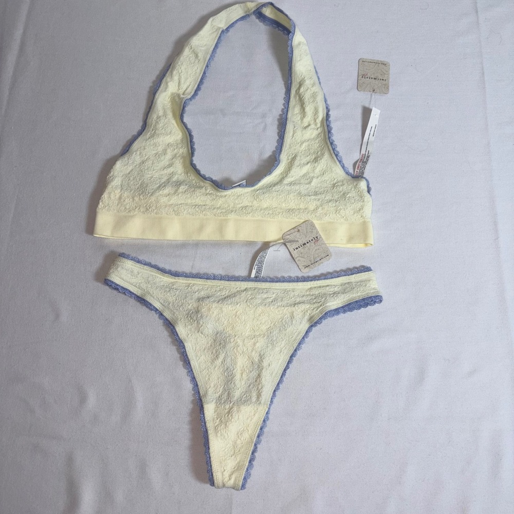 Intimately Free People Halter Bralette Thong Set L XL cream New Lace Floral Trim